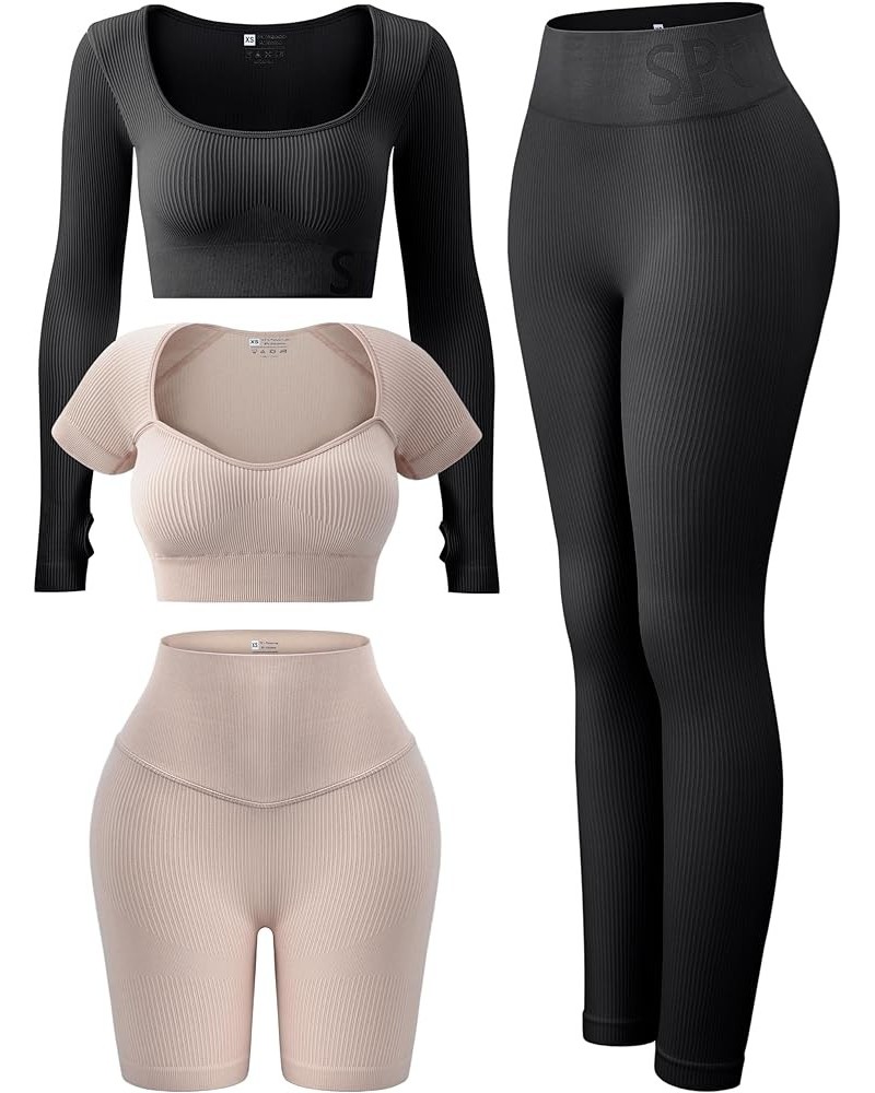 Women's 4 Piece Workout Outfits Ribbed Seamless Long Sleeve Crop Sports Tops Tank High Waist Yoga Leggings Sets F Black Light...