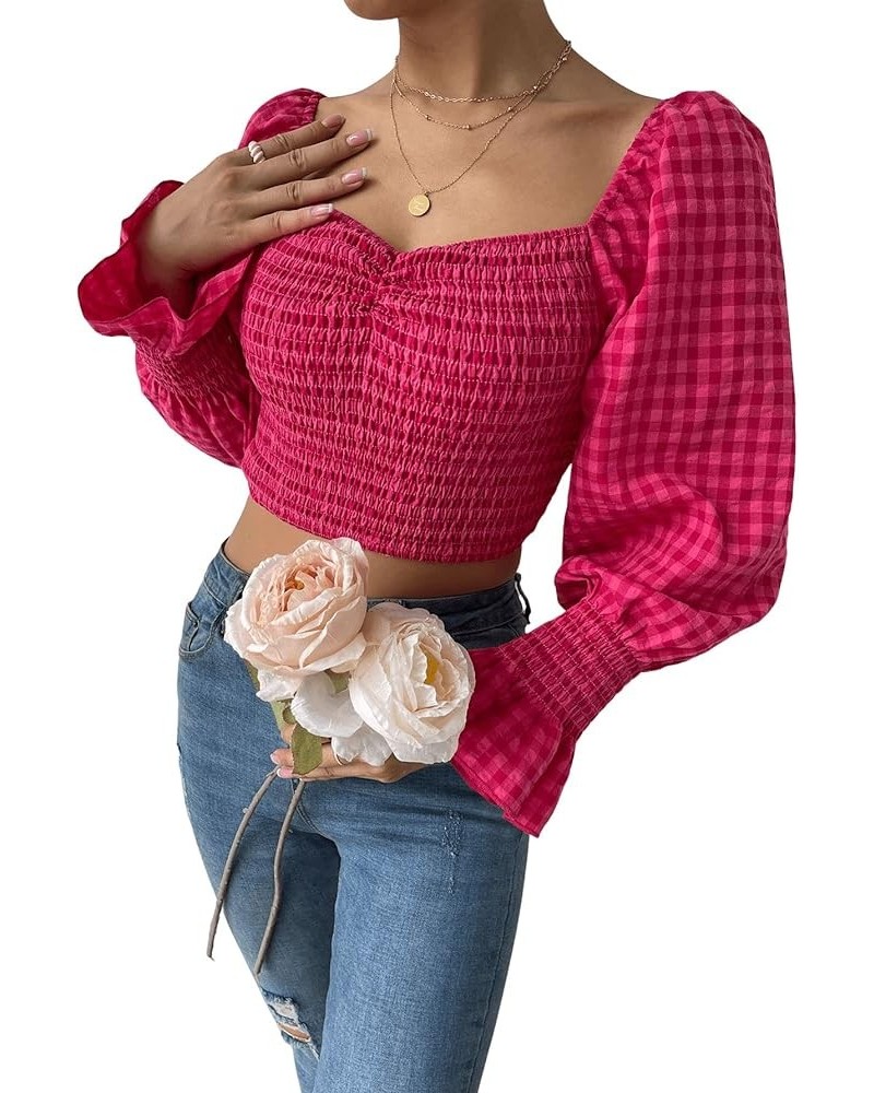 Women's Casual Long Puff Sleeve Plaid Print Shirt Shirred Blouse Crop Top Hot Pink $8.66 Blouses