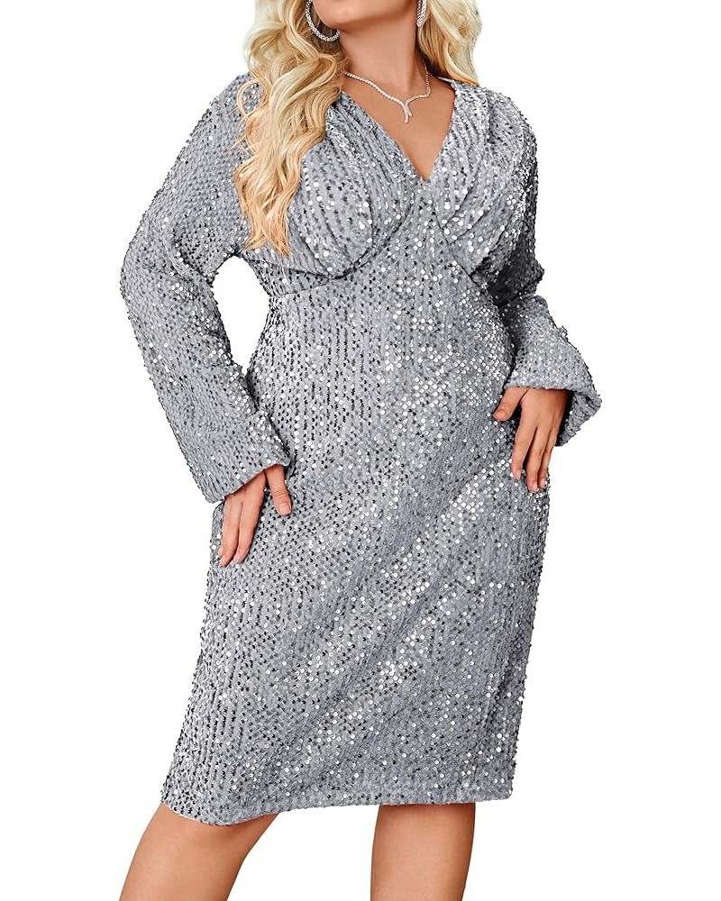 Womens Sequin Dress Plus Size Sexy V Neck Party Cocktail Sparkle Glitter Long Sleeve Bodycon Mini Dresses Dark Gray $24.64 Dr...