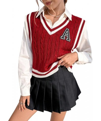 Women's Striped Letter Patch V Neck Sleeveless Sweater Vest Knit Tops Burgundy $17.91 Sweaters