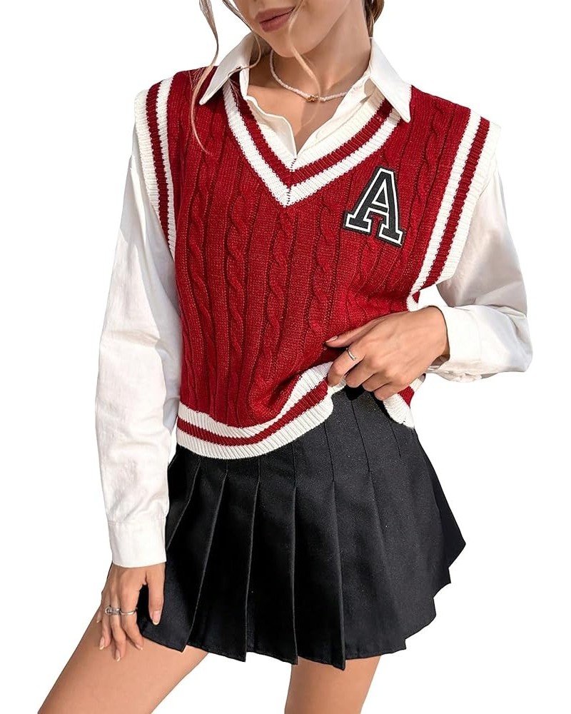 Women's Striped Letter Patch V Neck Sleeveless Sweater Vest Knit Tops Burgundy $17.91 Sweaters