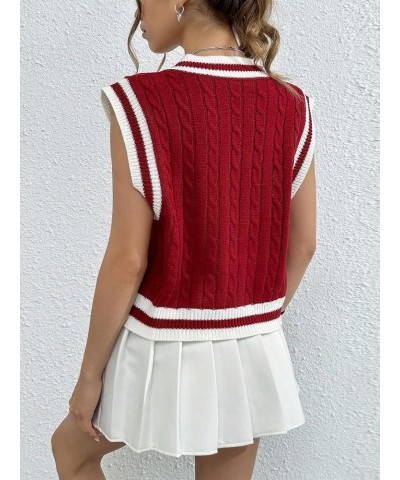 Women's Striped Letter Patch V Neck Sleeveless Sweater Vest Knit Tops Burgundy $17.91 Sweaters