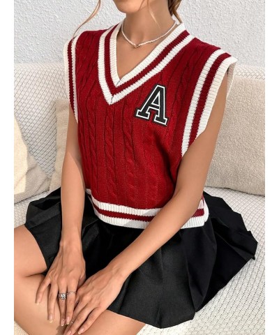 Women's Striped Letter Patch V Neck Sleeveless Sweater Vest Knit Tops Burgundy $17.91 Sweaters