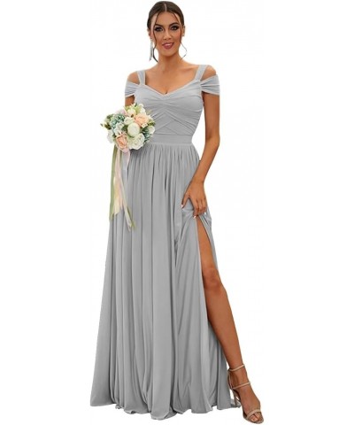 Women's Off The Shoulder Bridesmaid Dresses Long with Slit 2024 Pleated Chiffon Formal Party Dresses BF47 Silver $29.89 Dresses