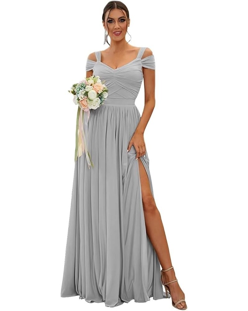 Women's Off The Shoulder Bridesmaid Dresses Long with Slit 2024 Pleated Chiffon Formal Party Dresses BF47 Silver $29.89 Dresses