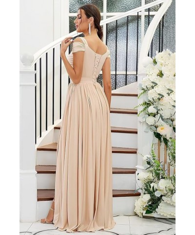 Women's Off The Shoulder Bridesmaid Dresses Long with Slit 2024 Pleated Chiffon Formal Party Dresses BF47 Silver $29.89 Dresses