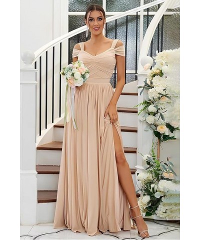 Women's Off The Shoulder Bridesmaid Dresses Long with Slit 2024 Pleated Chiffon Formal Party Dresses BF47 Silver $29.89 Dresses