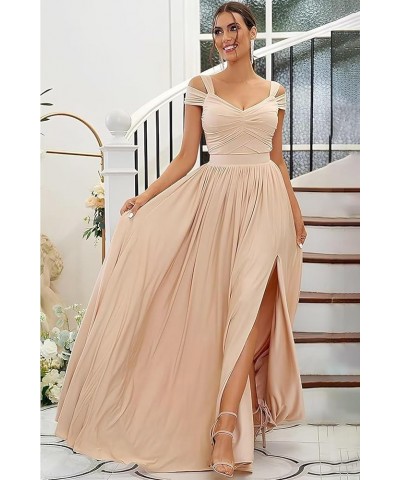 Women's Off The Shoulder Bridesmaid Dresses Long with Slit 2024 Pleated Chiffon Formal Party Dresses BF47 Silver $29.89 Dresses