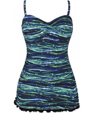 Women's One Piece Swimsuits Tummy Control Swimwear Ruffle Swimdress with Built in Swim Brief Starry Green Stripes $22.87 Swim...