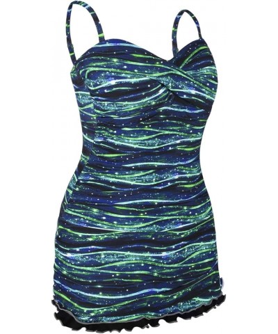 Women's One Piece Swimsuits Tummy Control Swimwear Ruffle Swimdress with Built in Swim Brief Starry Green Stripes $22.87 Swim...