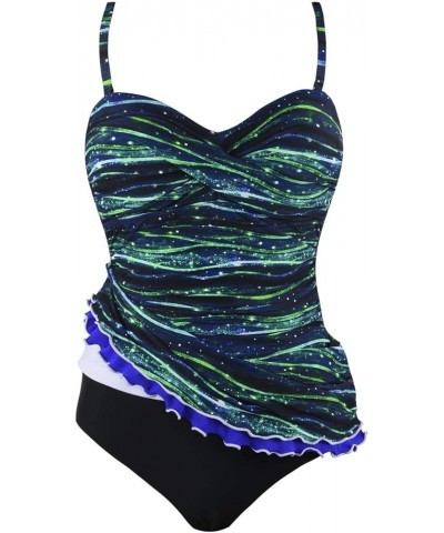 Women's One Piece Swimsuits Tummy Control Swimwear Ruffle Swimdress with Built in Swim Brief Starry Green Stripes $22.87 Swim...