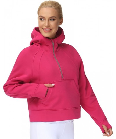 Womens' Hoodies Half Zip Long Sleeve Fleece Crop Pullover Sweatshirts with Pockets Thumb Hole Bright Pink $18.89 Activewear