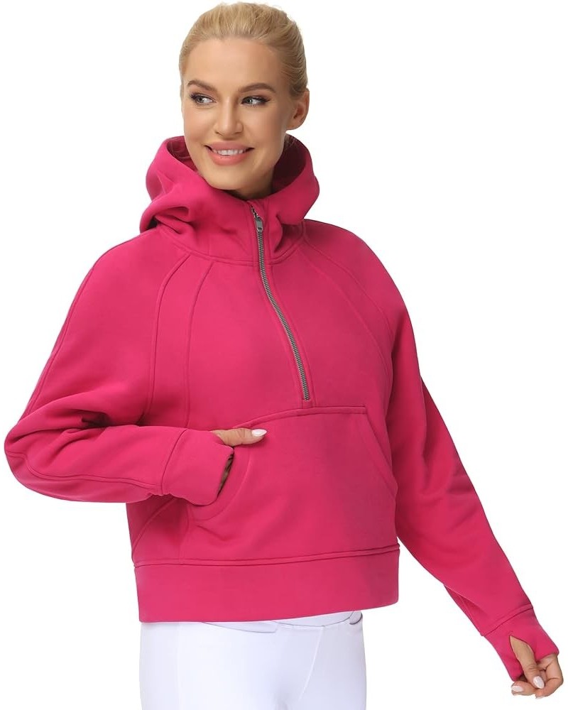 Womens' Hoodies Half Zip Long Sleeve Fleece Crop Pullover Sweatshirts with Pockets Thumb Hole Bright Pink $18.89 Activewear