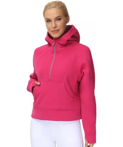 Womens' Hoodies Half Zip Long Sleeve Fleece Crop Pullover Sweatshirts with Pockets Thumb Hole Bright Pink $18.89 Activewear