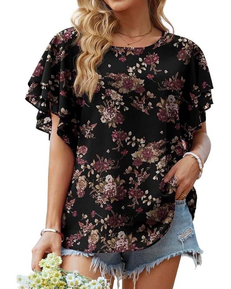 Summer Tops for Women Dressy Casual Flowy Chiffon Blouse Double Ruffle Short Sleeve 2022 A07-jasmine Black $13.24 Blouses