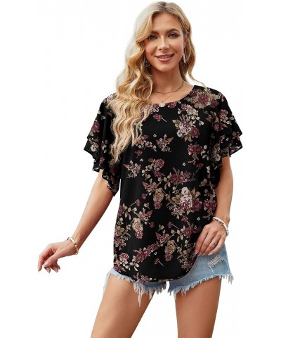 Summer Tops for Women Dressy Casual Flowy Chiffon Blouse Double Ruffle Short Sleeve 2022 A07-jasmine Black $13.24 Blouses