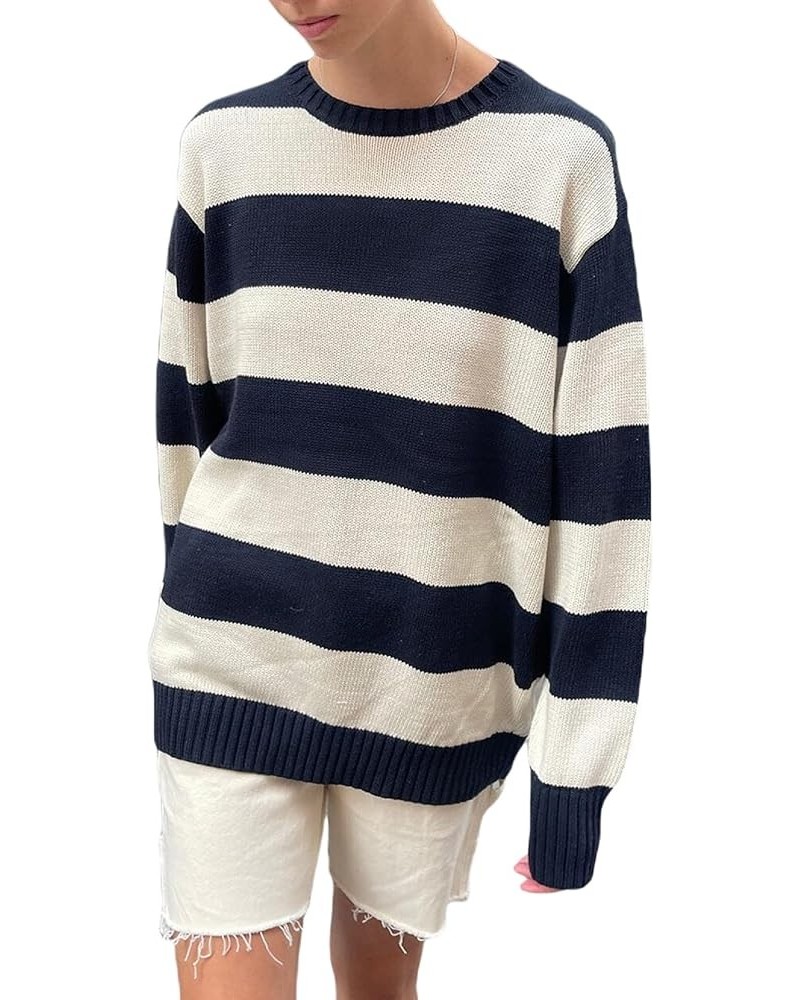 Women Y2k Striped Oversized Sweater Long Sleeve Crewneck Pullover Sweater Top Vintage Aesthetic Knitted Top B2-b-blue-white $...