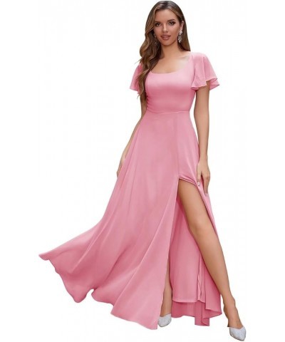 Long Chiffon Bridesmaid Dresses with Slit Short Sleeves A-Line Formal Evening Gowns for Women Wedding Guest Pink $31.25 Dresses