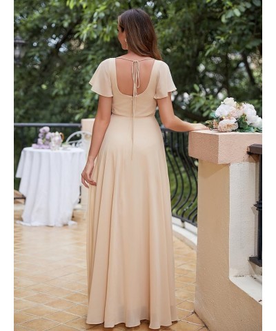 Long Chiffon Bridesmaid Dresses with Slit Short Sleeves A-Line Formal Evening Gowns for Women Wedding Guest Pink $31.25 Dresses