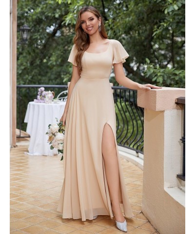 Long Chiffon Bridesmaid Dresses with Slit Short Sleeves A-Line Formal Evening Gowns for Women Wedding Guest Pink $31.25 Dresses