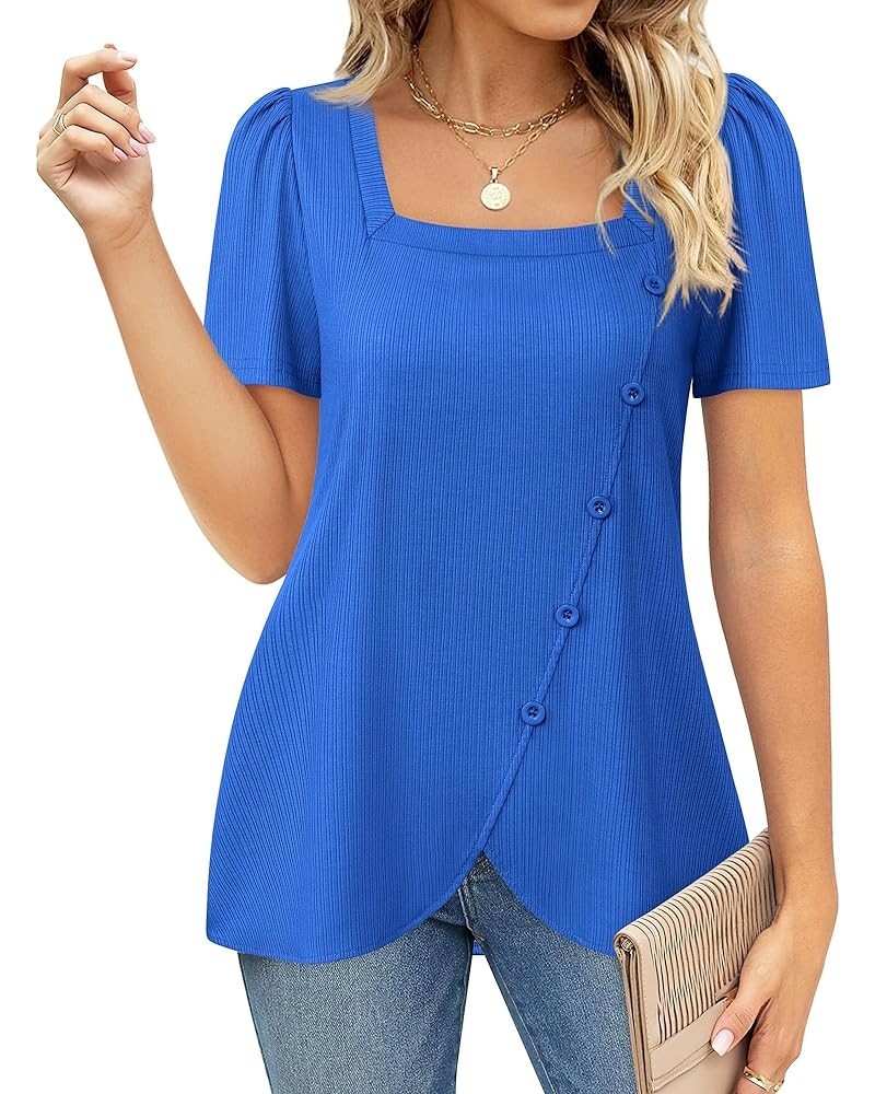 Women's Short Sleeve Tops Square Neck Shirts for Women Buttons Side Tulip Hem T-Shirts Klein Blue $16.81 Tops