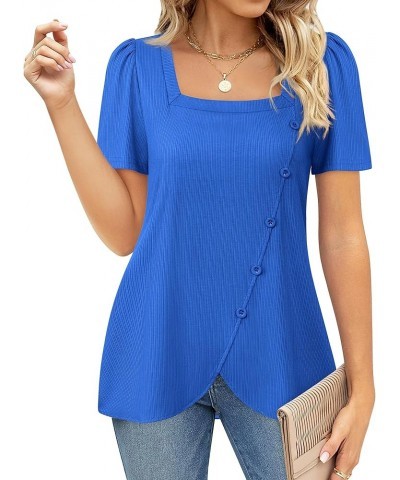 Women's Short Sleeve Tops Square Neck Shirts for Women Buttons Side Tulip Hem T-Shirts Klein Blue $16.81 Tops