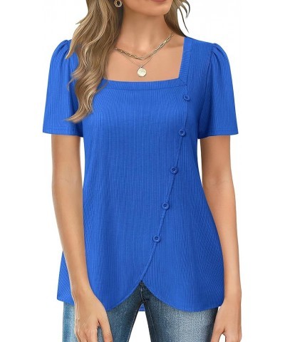 Women's Short Sleeve Tops Square Neck Shirts for Women Buttons Side Tulip Hem T-Shirts Klein Blue $16.81 Tops