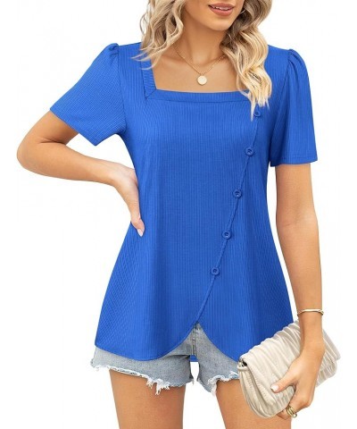 Women's Short Sleeve Tops Square Neck Shirts for Women Buttons Side Tulip Hem T-Shirts Klein Blue $16.81 Tops