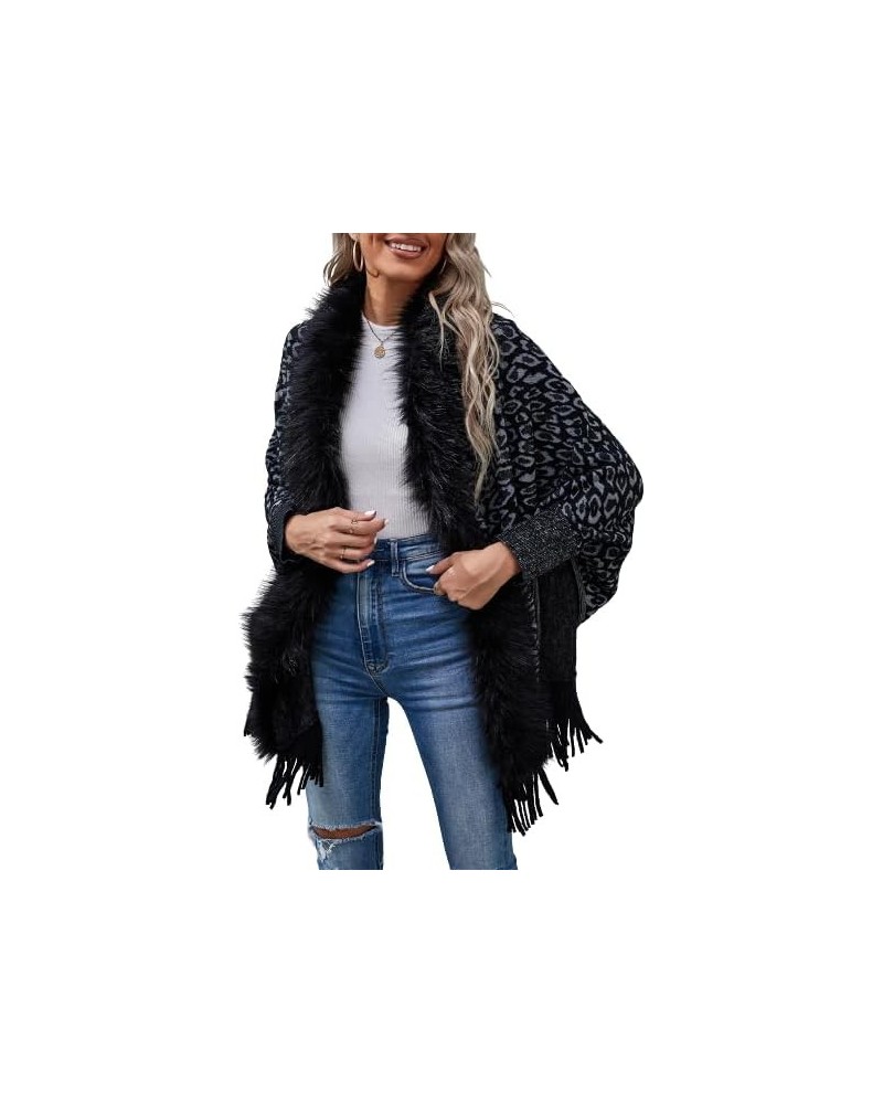 Women's Leopard Print Cardigans Open Front Fluffy Fringed Poncho Cape Shawl Wrap Long Cardigan Plus Size Sweater Coat Black $...