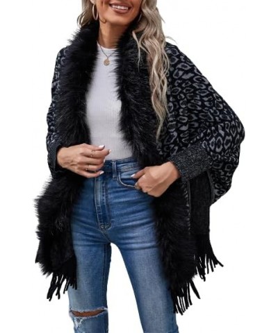 Women's Leopard Print Cardigans Open Front Fluffy Fringed Poncho Cape Shawl Wrap Long Cardigan Plus Size Sweater Coat Black $...