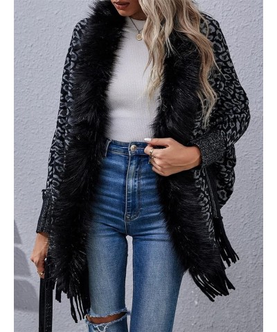 Women's Leopard Print Cardigans Open Front Fluffy Fringed Poncho Cape Shawl Wrap Long Cardigan Plus Size Sweater Coat Black $...