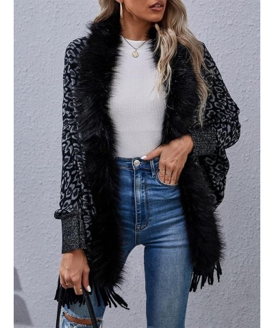 Women's Leopard Print Cardigans Open Front Fluffy Fringed Poncho Cape Shawl Wrap Long Cardigan Plus Size Sweater Coat Black $...