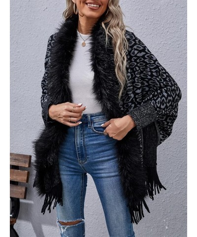 Women's Leopard Print Cardigans Open Front Fluffy Fringed Poncho Cape Shawl Wrap Long Cardigan Plus Size Sweater Coat Black $...