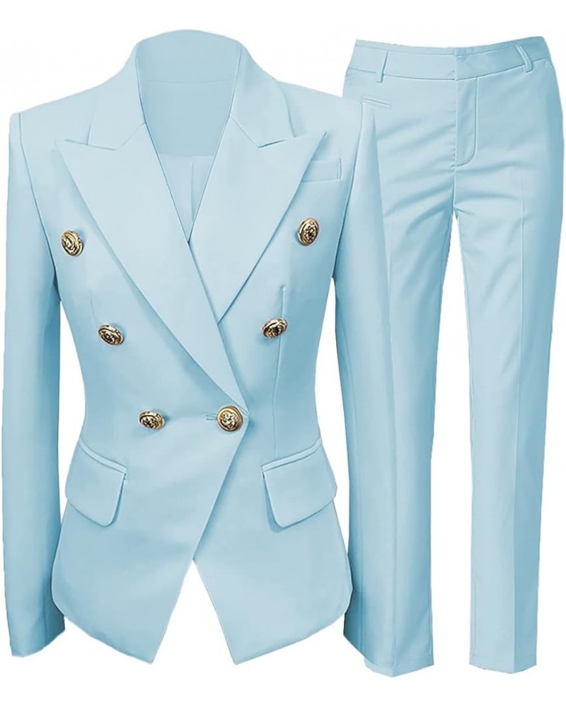 Womens Formal Blazer Two Piece Business Peak Lapel Solid Blazer Pant Suit Set for Work Professional Light Blue $33.95 Suits