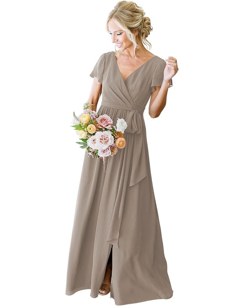 Women's Short Sleeve Bridesmaid Dresses with Slit 2023 V Neck Pleated Party Dress YMS159 Taupe $33.91 Dresses