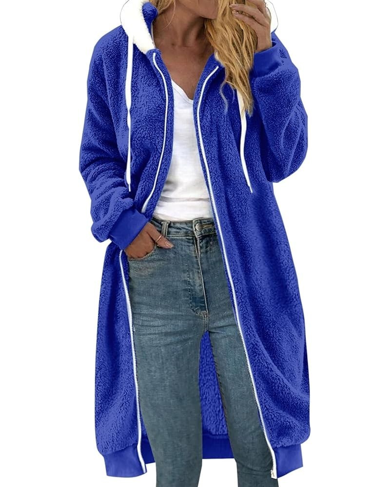 Plus Size Winter Coats for Women Full Zip Up Sherpa Jacket Fuzzy Fleece Long Hooded Jackets Warm Outwear with Pocket A10-blue...