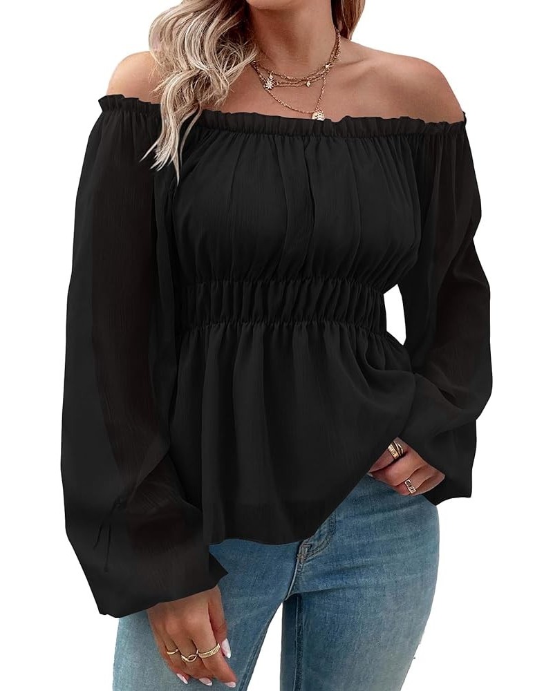 Women's Off Shoulder Frill Trim Smocked Long Sleeve Ruffle Peplum Top Blouse Color Black $15.68 Blouses