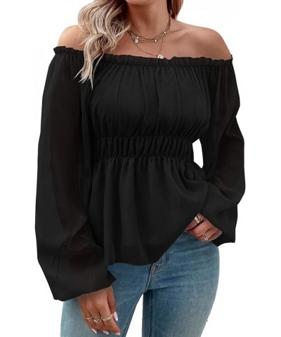 Women's Off Shoulder Frill Trim Smocked Long Sleeve Ruffle Peplum Top Blouse Color Black $15.68 Blouses