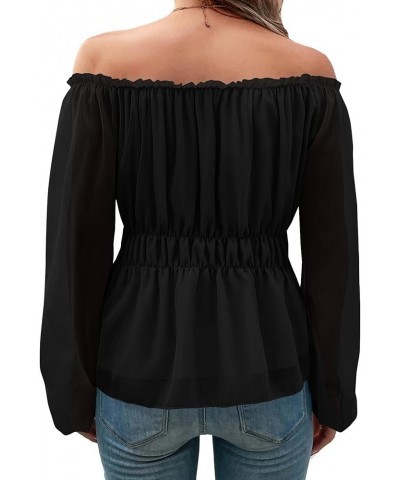 Women's Off Shoulder Frill Trim Smocked Long Sleeve Ruffle Peplum Top Blouse Color Black $15.68 Blouses