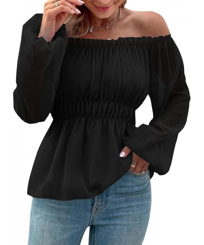 Women's Off Shoulder Frill Trim Smocked Long Sleeve Ruffle Peplum Top Blouse Color Black $15.68 Blouses