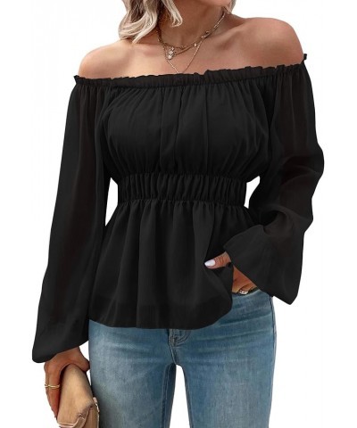 Women's Off Shoulder Frill Trim Smocked Long Sleeve Ruffle Peplum Top Blouse Color Black $15.68 Blouses