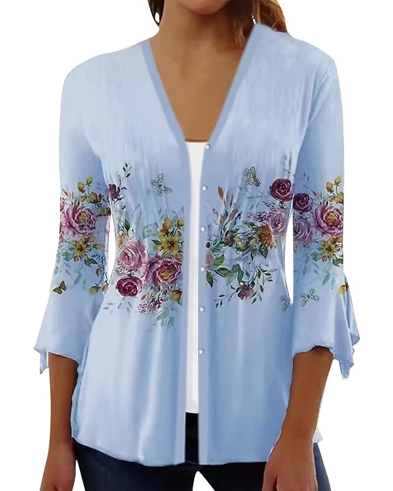 Button Up Cardigans for Women Fall Ethnic Floral Beachs Summer Shirts Plus Size Bell Sleeve Shawl Collar Tops Cotton B61-ligh...