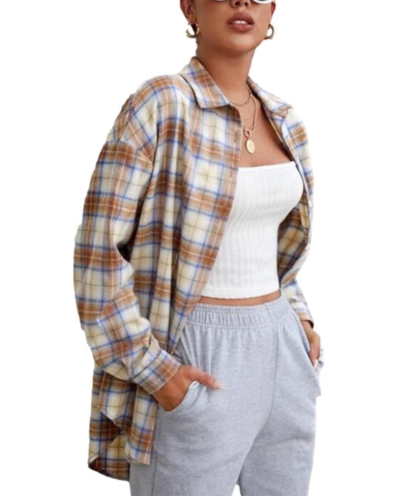 Womens Casual Oversized Flannel Plaid Button Down Long Sleeve Shirts 2023 Fashion Blouse Tops with Pocket 02 Champagne $13.24...