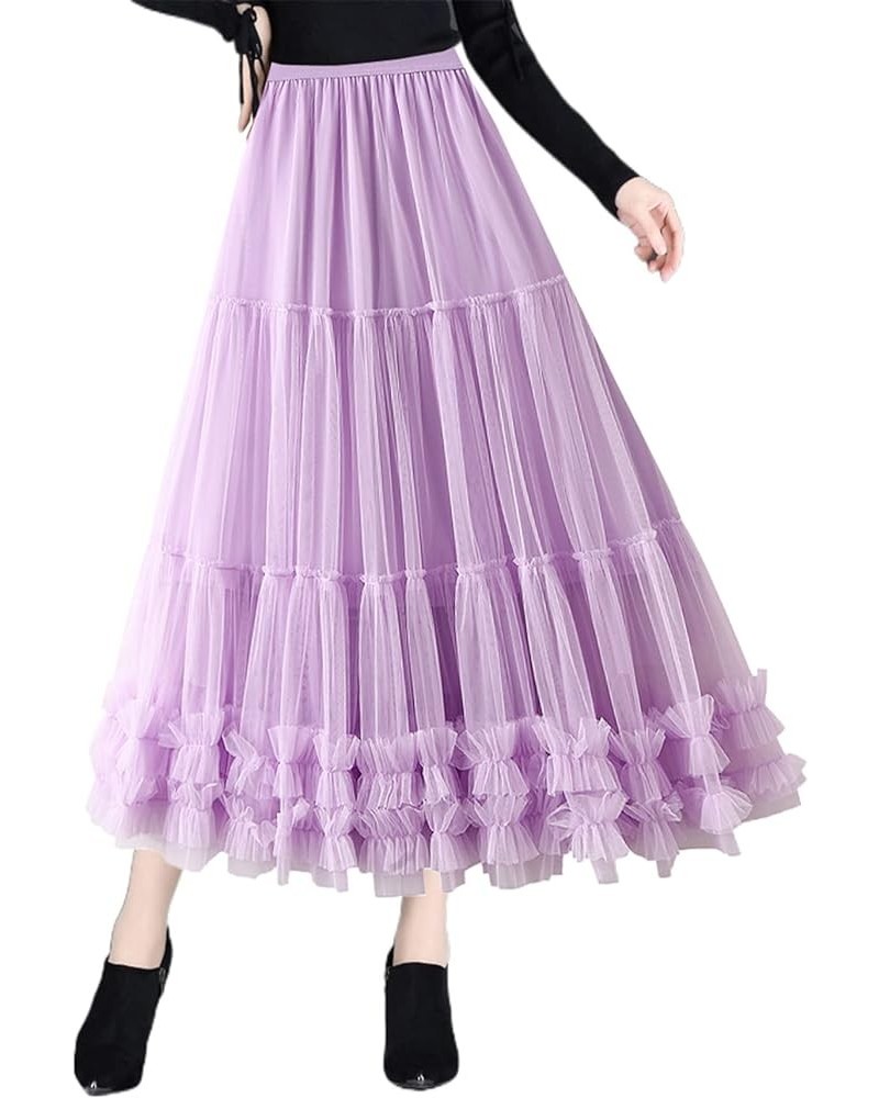 Women's Long Mesh Tutu Skirts Layered Mesh Ballet Prom Party Tulle Tutu A-Line Maxi Skirts Wedding Evening Dress Light Purple...