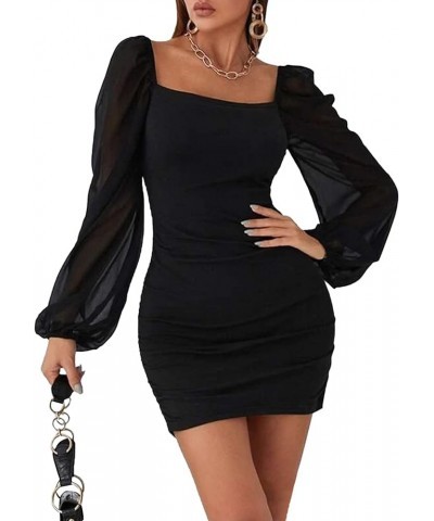 Women’s Sexy Mesh Puff Long Sleeve Plunge V Neck Backless Ruched Mesh Bodycon Mini Party Cocktail Dress Black 1 $18.13 Dresses