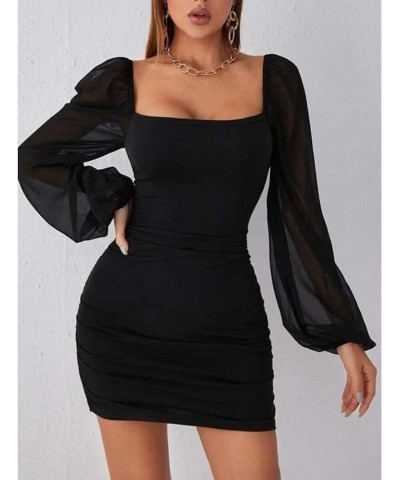 Women’s Sexy Mesh Puff Long Sleeve Plunge V Neck Backless Ruched Mesh Bodycon Mini Party Cocktail Dress Black 1 $18.13 Dresses