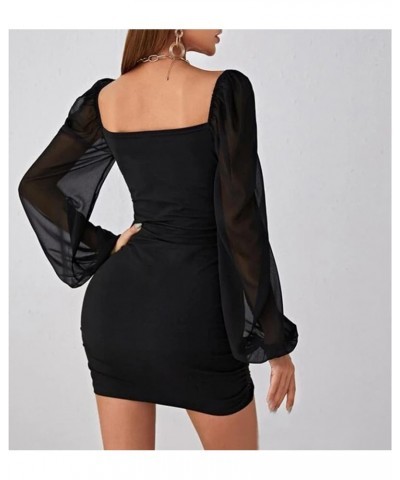 Women’s Sexy Mesh Puff Long Sleeve Plunge V Neck Backless Ruched Mesh Bodycon Mini Party Cocktail Dress Black 1 $18.13 Dresses