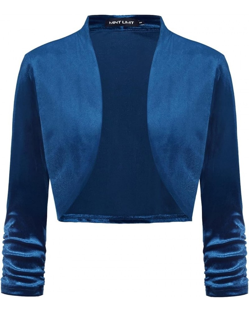 Women's Velvet Bolero Shrugs for Dresses Ruched 3/4 Sleeve Open Front Cocktail Party Cropped Cardigan Blue $20.39 Sweaters