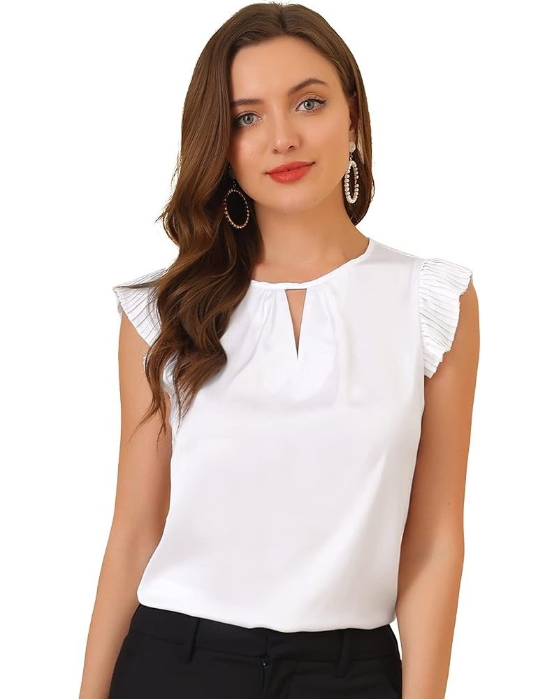 Women's Satin Work Office Top Cut Out Keyhole Back Pleated Cap Sleeve Blouse White $14.02 Blouses