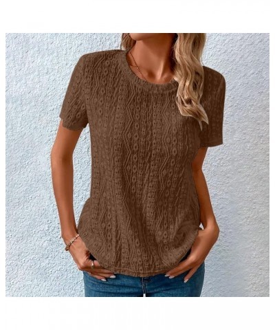 Women Work Tops Hawaiian Shirt Solid Lace Crewneck Neck Short Sleeve Shirts Petite Women's Blouse Brown l $13.74 Blouses